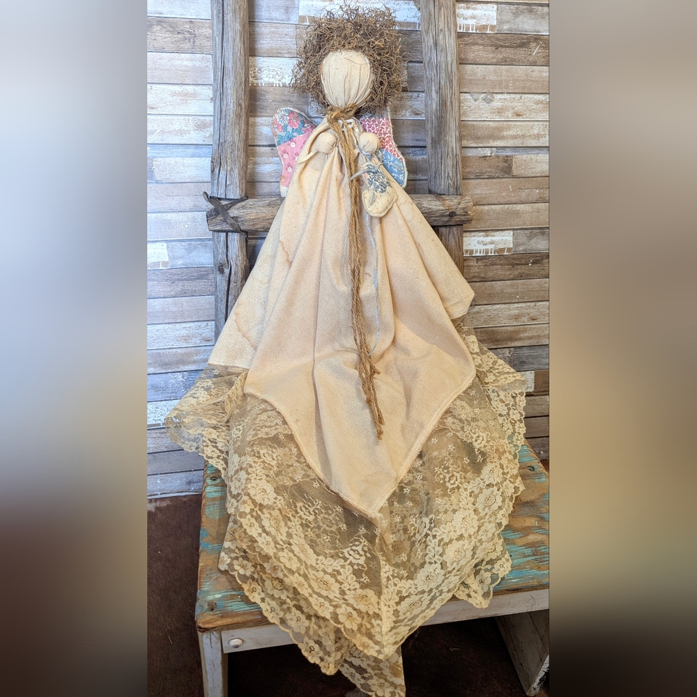 Vintage Handcrafted Shabby Chic Angel With Lace & Quilted Wings